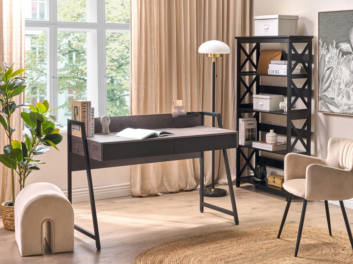 Bureauset Donker Hout Met Zwart FOSTER/HARWICH - Image 2